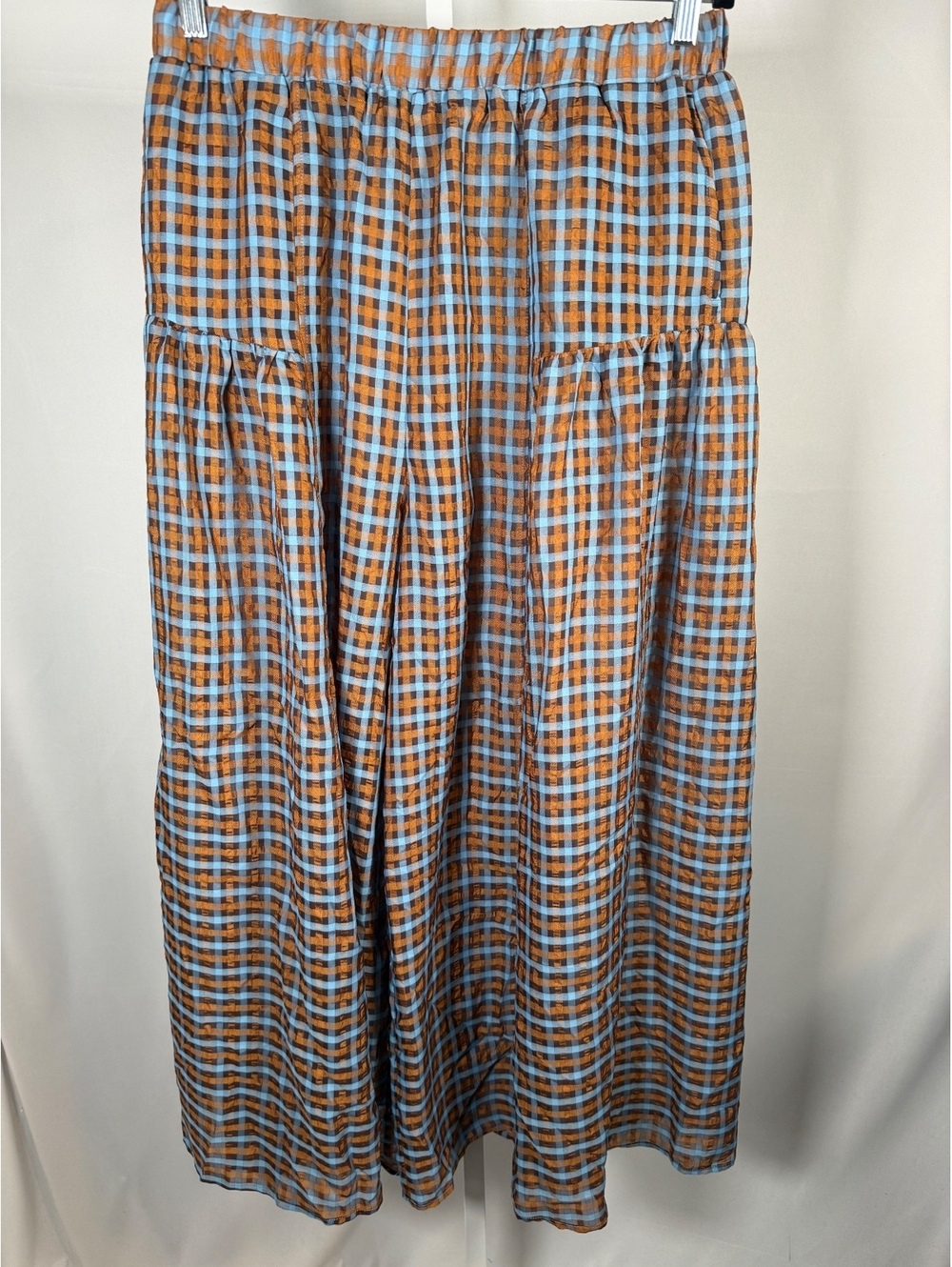 Halara High Waisted Pocket Wide Leg Flowy Plaid Casual Pants Blue Brown Size L - Picture 3 of 9